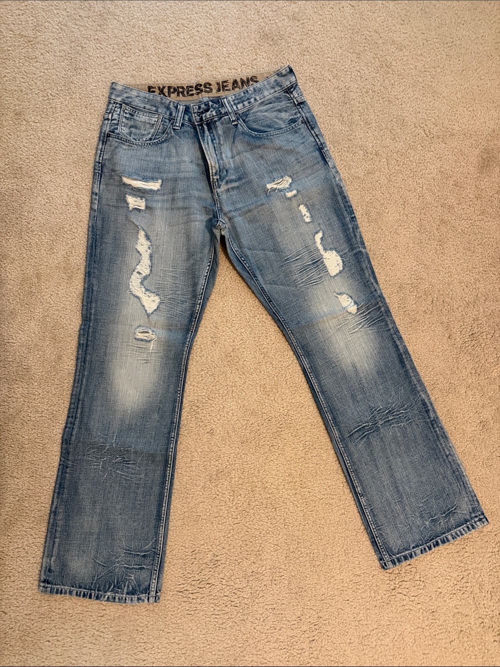 Express Men's Light Blue Distressed Bootcut Jeans